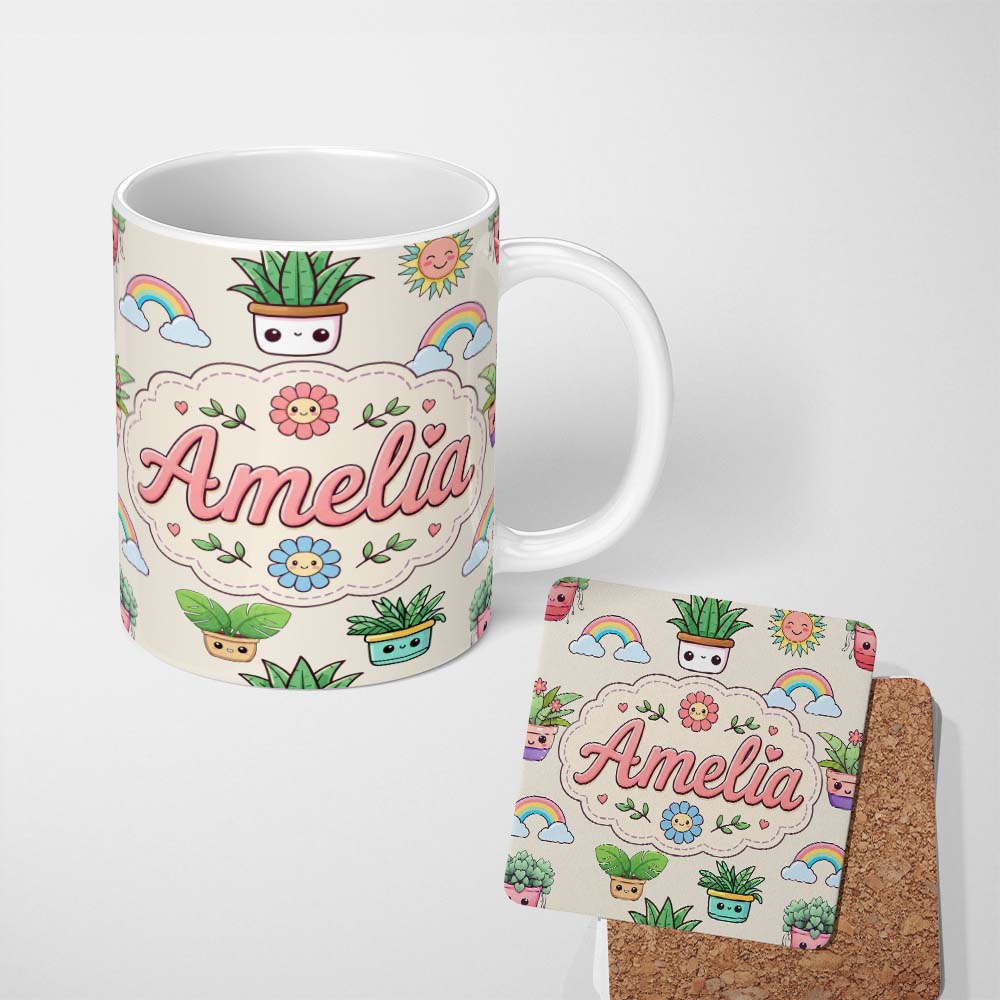 Personalized Custom Name Cute Kawaii Rainbow Sun Flowers Plant Pots Seamless Pattern Cream 11oz Ceramic Coffee Tea Mug White Large Handle