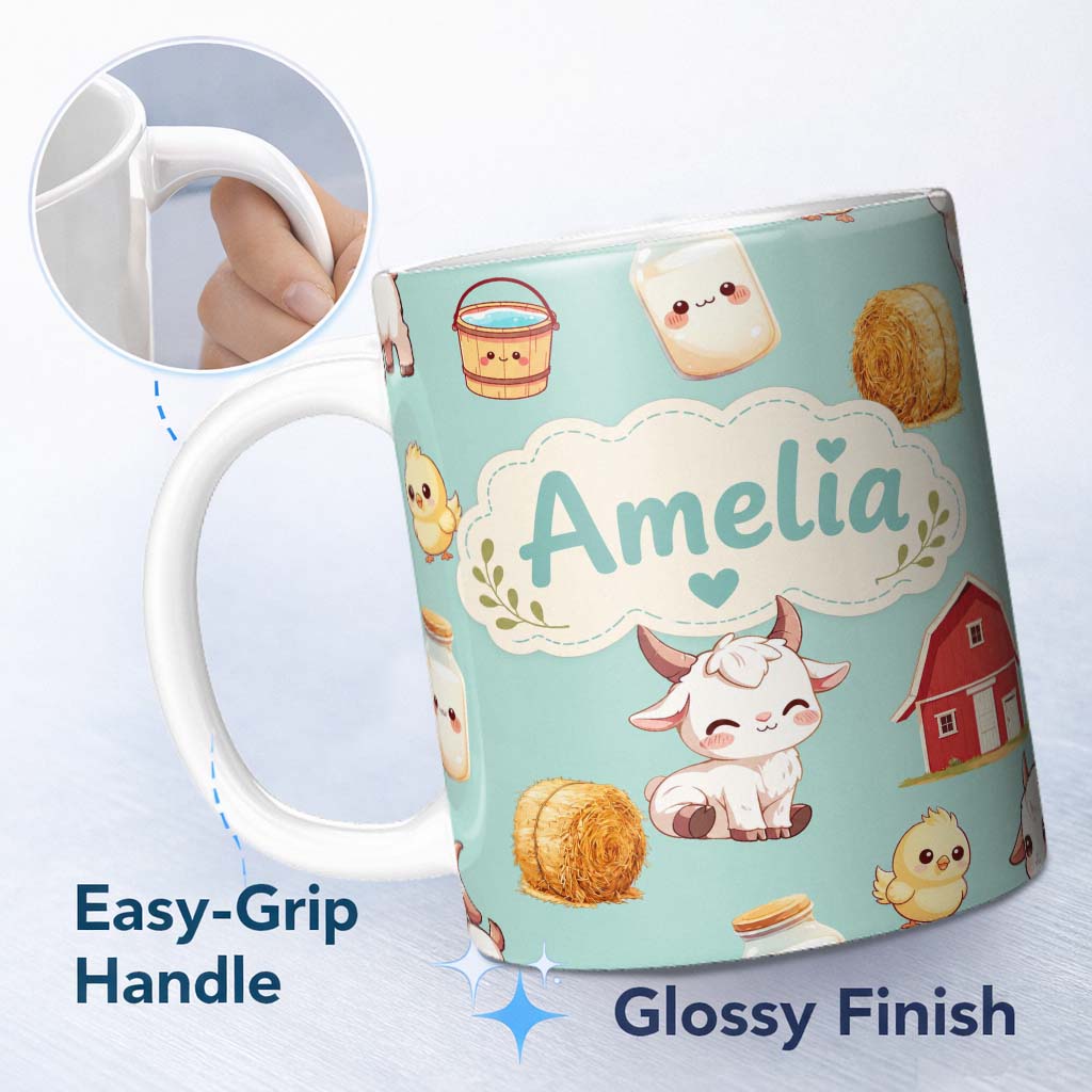 Personalized Custom Name Cute Farm Goat Barn Hay Bale Chick Milk Bucket Teal Background 11oz Ceramic Coffee Tea Mug White Large Handle