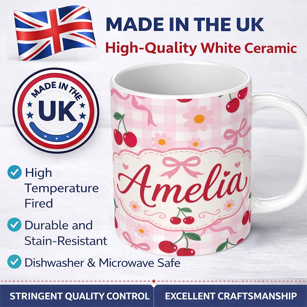 Personalized Custom Name Cute Cherry and Daisy Flowers with Pink Ribbon Bows Pink Gingham 11oz Ceramic Coffee Tea Mug White Large Handle