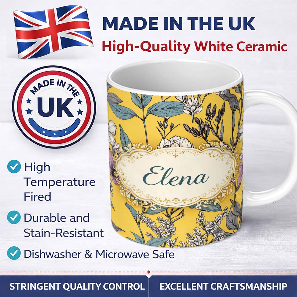 Personalized Custom Name Vintage Botanical Floral Illustration Yellow Background Lovely 11oz Ceramic Coffee Tea Mug White Large Handle