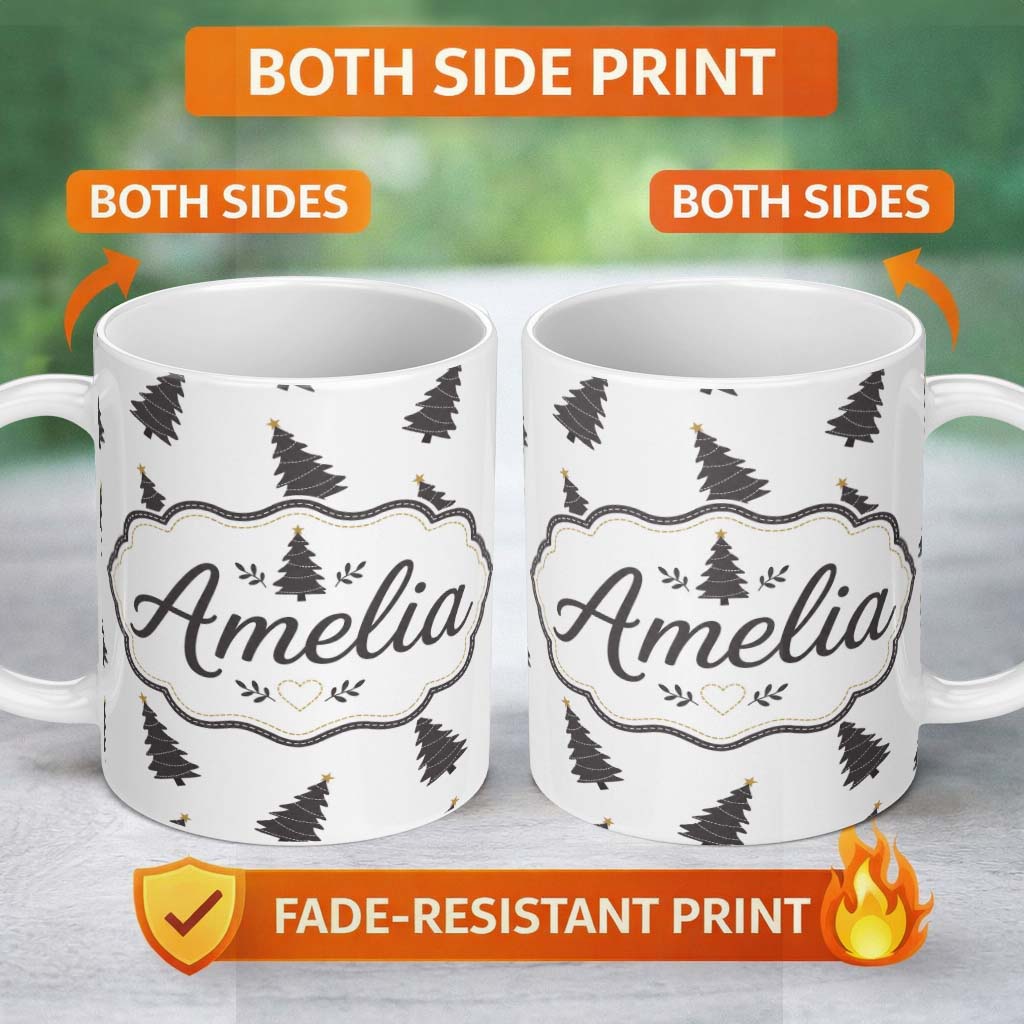 Personalized Custom Name Minimal Christmas Tree Pattern Grey Background Simple Holiday Lovely 11oz Ceramic Coffee Tea Mug White Large Handle