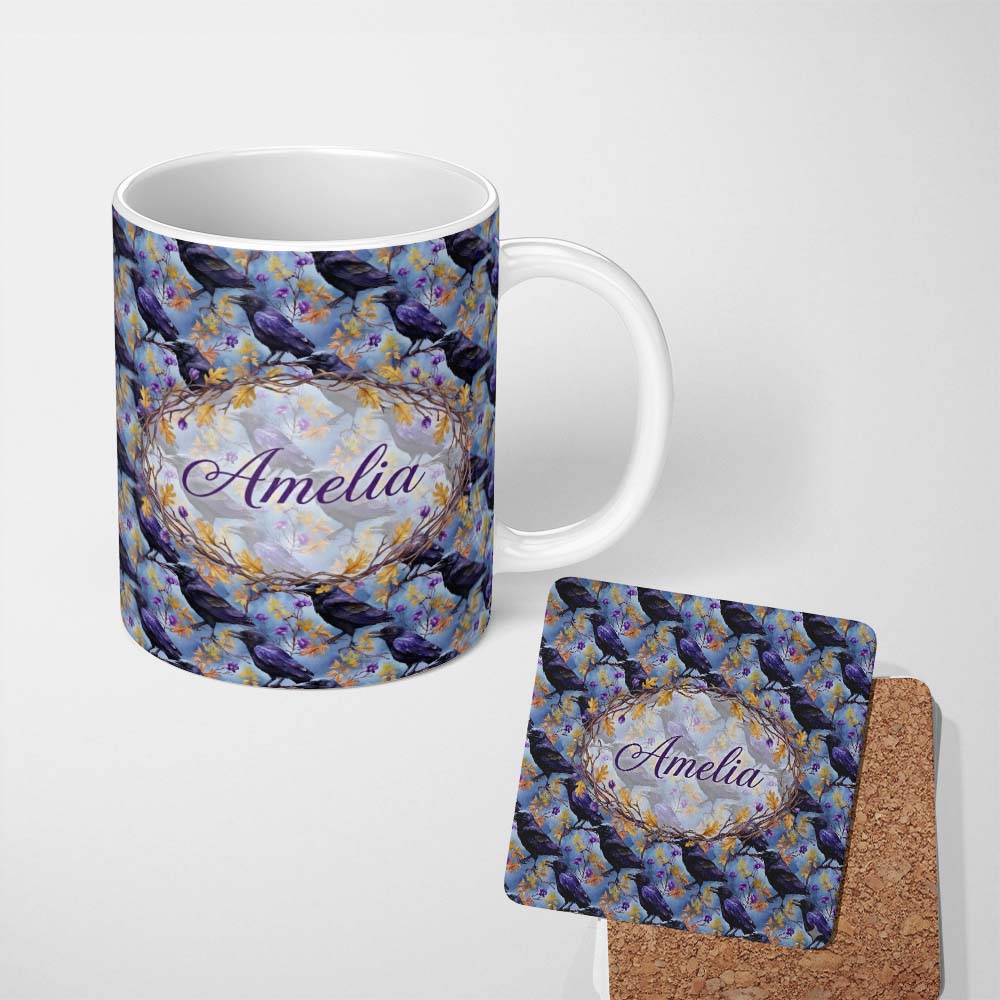 Personalized Custom Name Purple Black Raven Bird with Autumn Leaves Seamless Pattern Lovely 11oz Ceramic Coffee Tea Mug White Large Handle