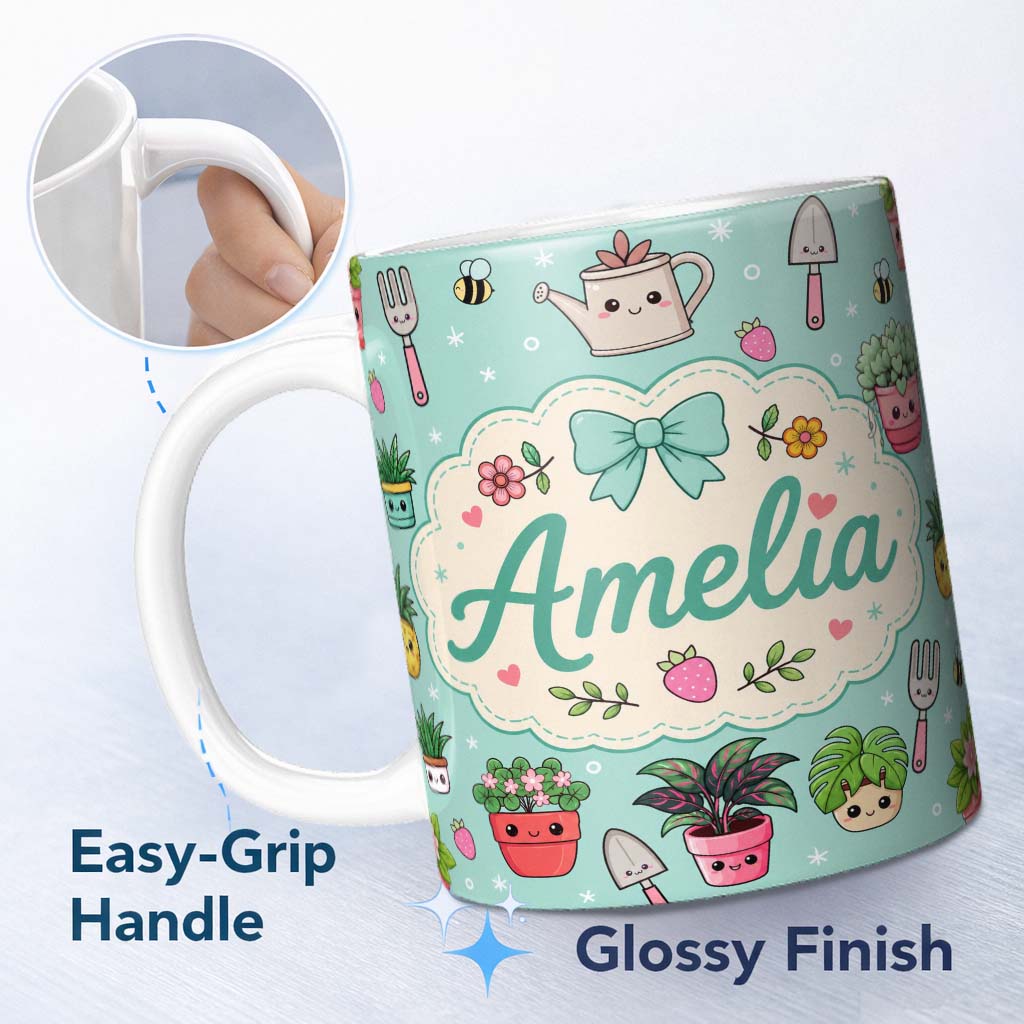 Personalized Custom Name Cute Kawaii Garden Tools Plants Bees Seamless Pattern Mint Floral 11oz Ceramic Coffee Tea Mug White Large Handle