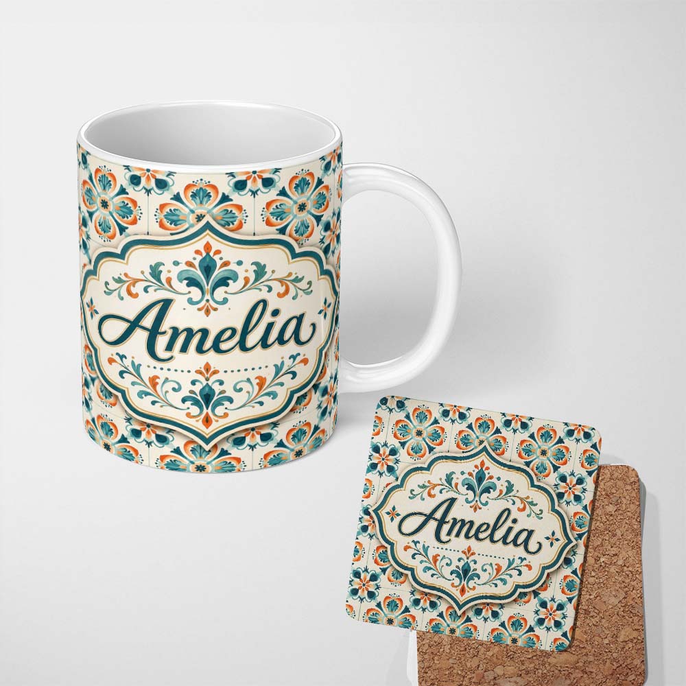 Personalized Custom Name Decorative Floral Tile Pattern Teal Orange and Cream Seamless Lovely 11oz Ceramic Coffee Tea Mug White Large Handle