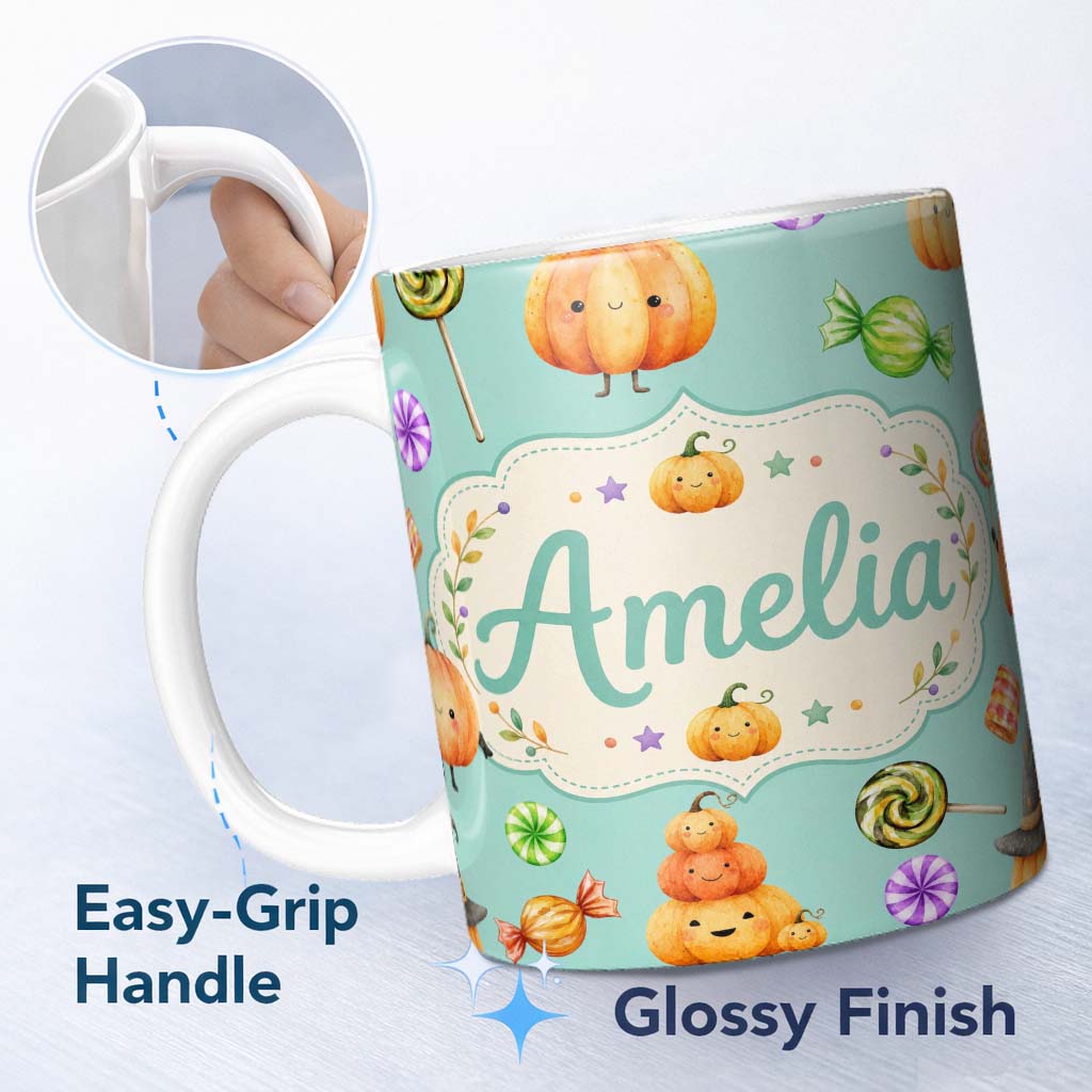 Personalized Custom Name Cute Halloween Pumpkin Candy Characters Mint Background Seamless 11oz Ceramic Coffee Tea Mug White Large Handle