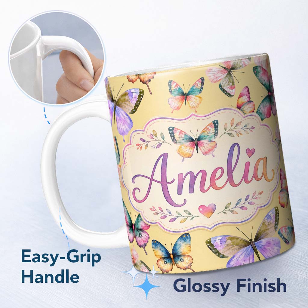 Personalized Custom Name Colorful Watercolor Butterflies on Soft Yellow Background Seamless 11oz Ceramic Coffee Tea Mug White Large Handle