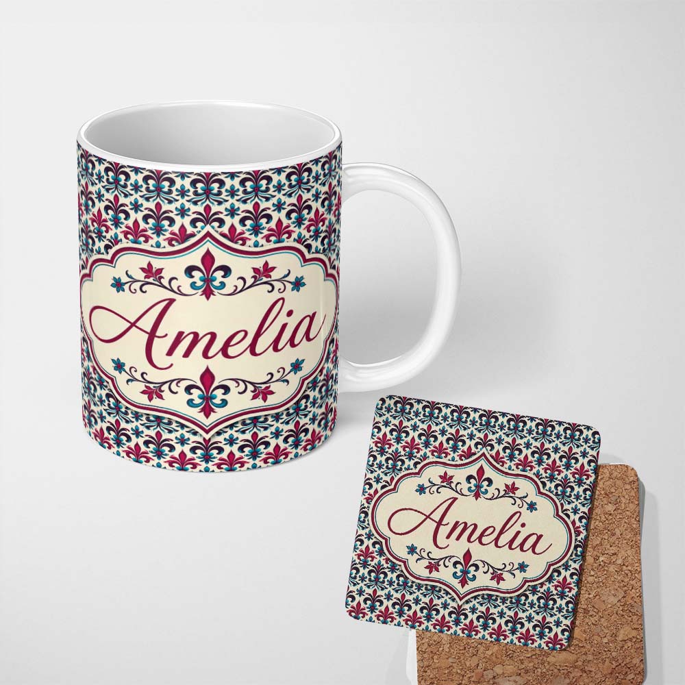 Personalized Custom Name Bold Teal and Magenta Ornate Fleur de Lis Floral Pattern on Light 11oz Ceramic Coffee Tea Mug White Large Handle