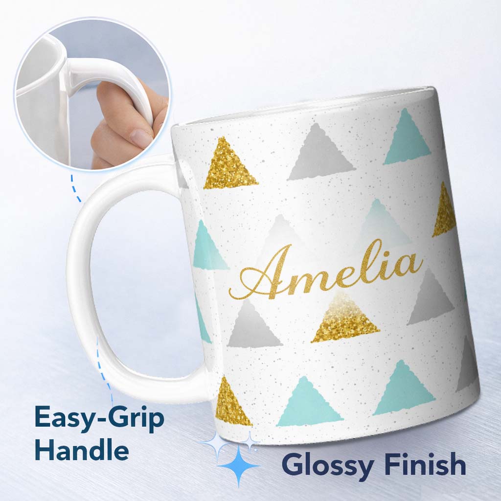 Personalized Custom Name Glitter Triangle Geometric Pattern Grey Background Seamless Lovely 11oz Ceramic Coffee Tea Mug White Large Handle