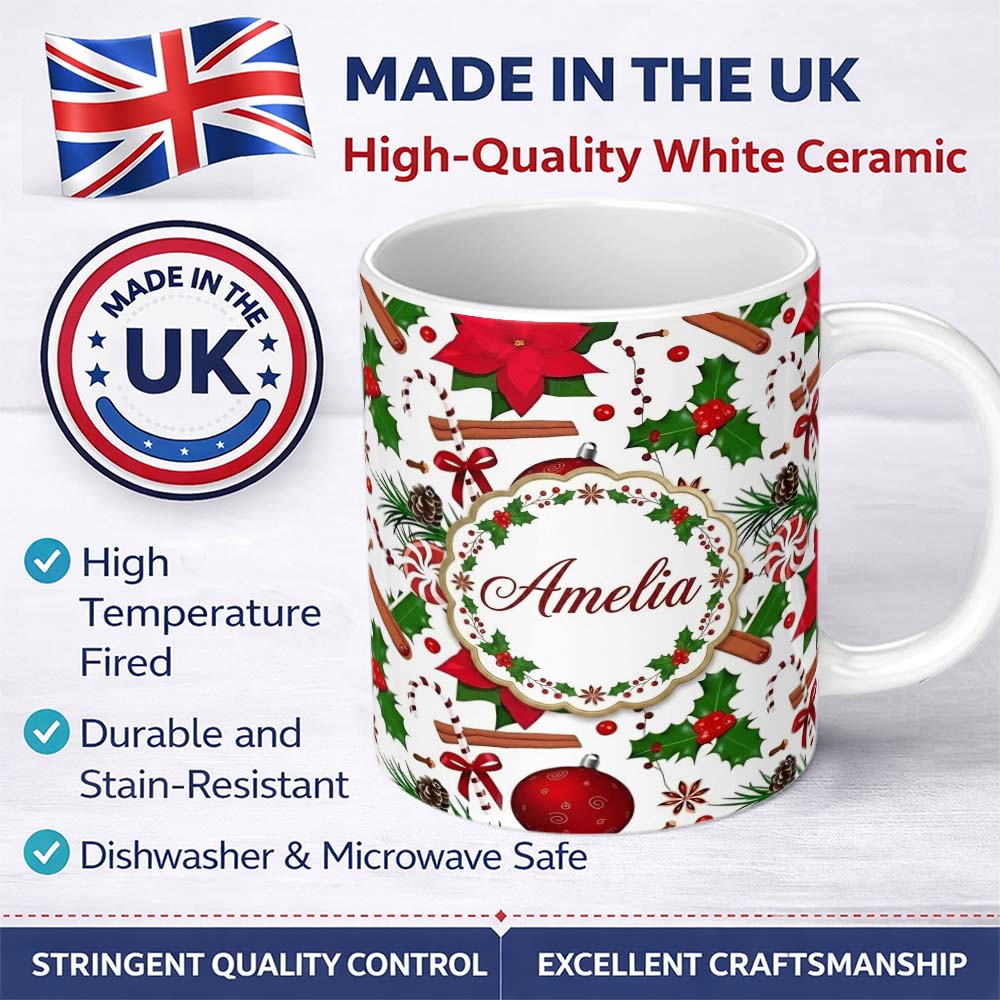 Personalized Custom Name Christmas Poinsettia Candy Cane Holly Berry Ornament Seamless Lovely 11oz Ceramic Coffee Tea Mug White Large Handle
