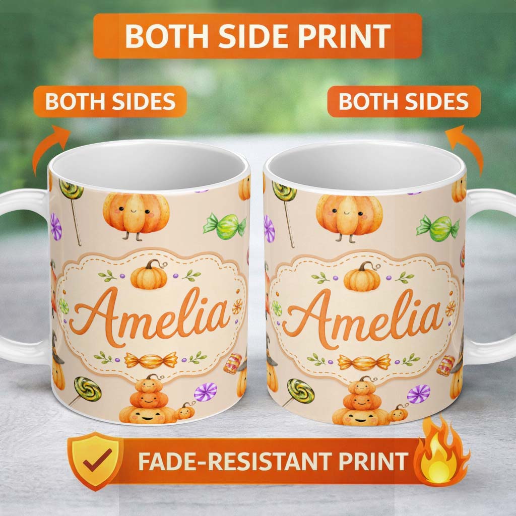 Personalized Custom Name Cute Halloween Pumpkin Candy Characters Beige Background Seamless 11oz Ceramic Coffee Tea Mug White Large Handle