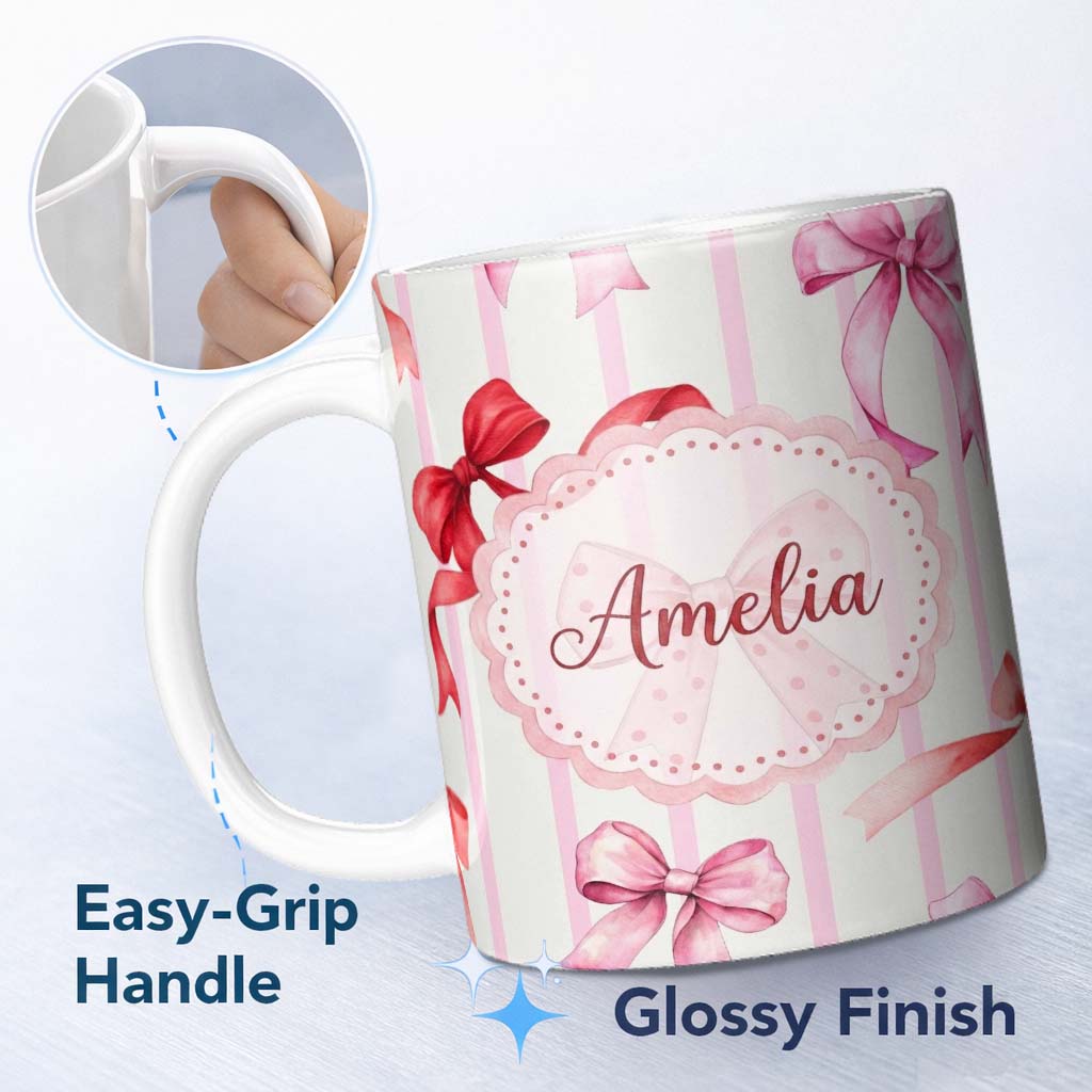 Personalized Custom Name Watercolor Ribbon Bow Seamless Pattern on Pink Stripe Background 11oz Ceramic Coffee Tea Mug White Large Handle