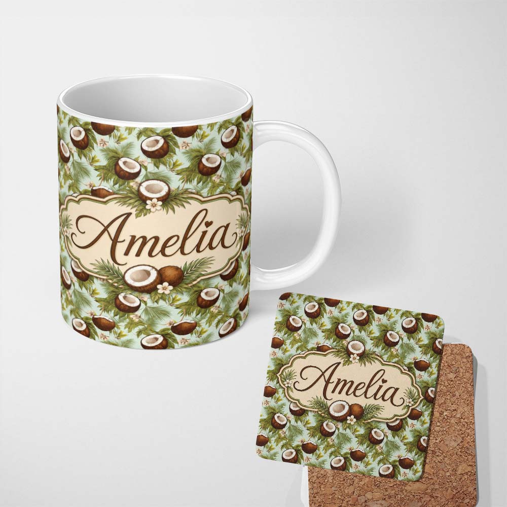 Personalized Custom Name Fresh Coconut and Tropical Leaves with Flowers on Light Green Lovely 11oz Ceramic Coffee Tea Mug White Large Handle
