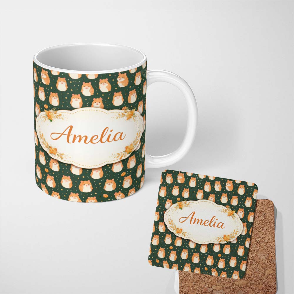 Personalized Custom Name Green Background Playful Hamster Seamless Pattern Cute Unique Gift 11oz Ceramic Coffee Tea Mug White Large Handle