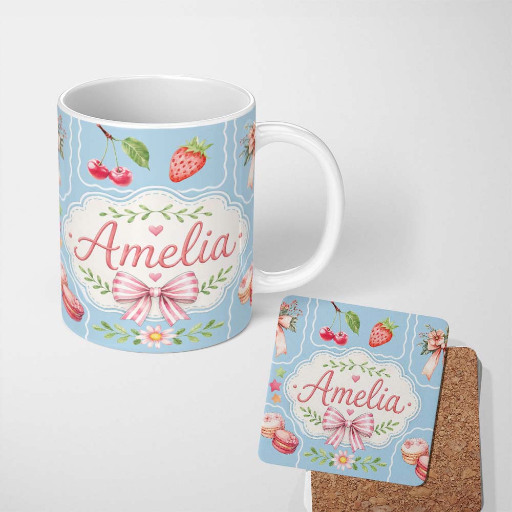 Personalized Custom Name Cute Strawberry Cherry Ribbon Bow Sweet Dessert Pattern Dusty Blue 11oz Ceramic Coffee Tea Mug White Large Handle