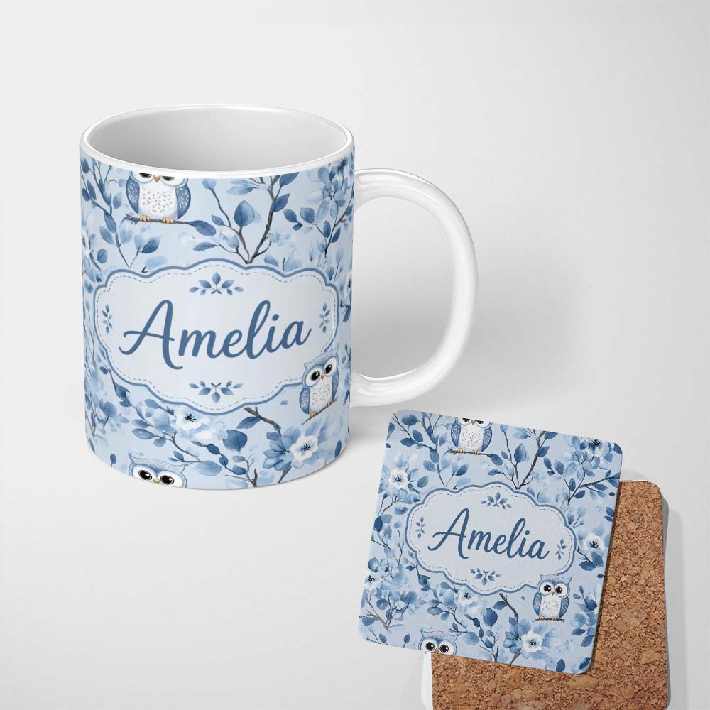 Personalized Custom Name Cute Blue Owl Birds with Floral Branch Background Seamless Pattern 11oz Ceramic Coffee Tea Mug White Large Handle