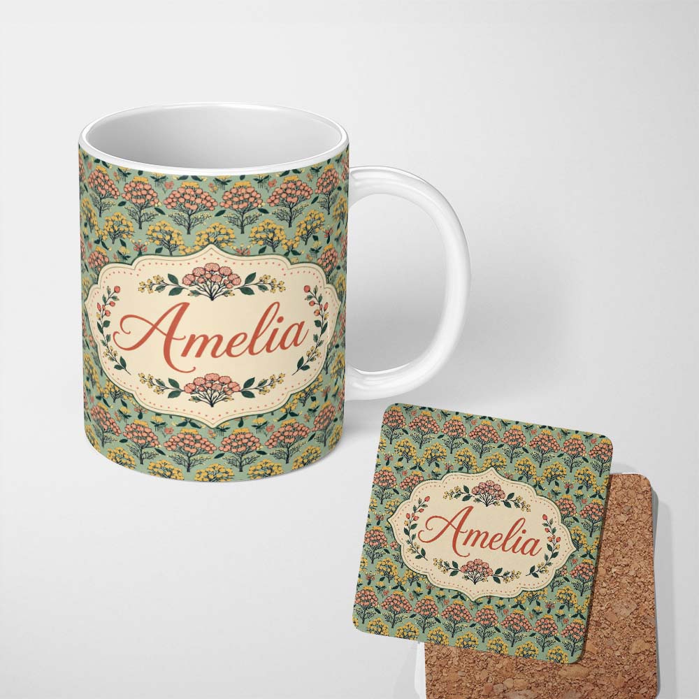 Personalized Custom Name Floral Botanical Bush Pattern with Yellow and Coral Blossoms Lovely 11oz Ceramic Coffee Tea Mug White Large Handle