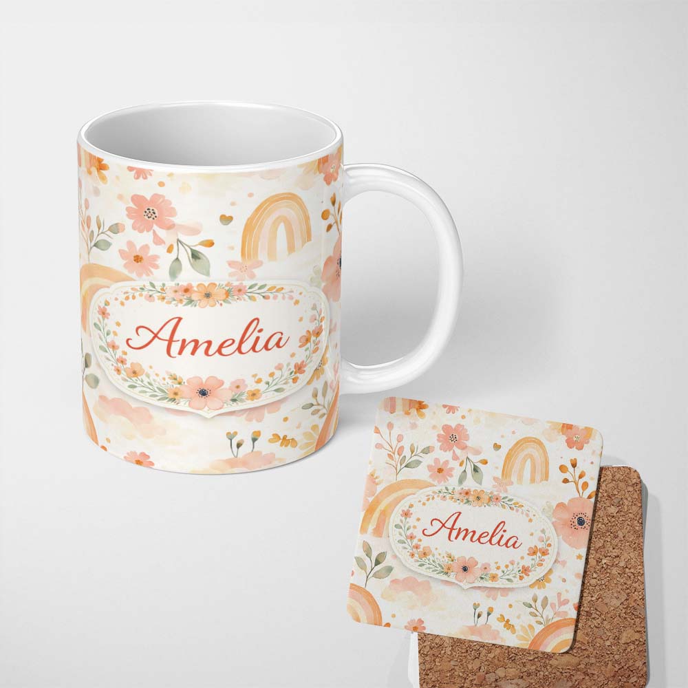 Personalized Custom Name Warm Rainbow Floral Boho Style Seamless Watercolour Pattern Lovely 11oz Ceramic Coffee Tea Mug White Large Handle