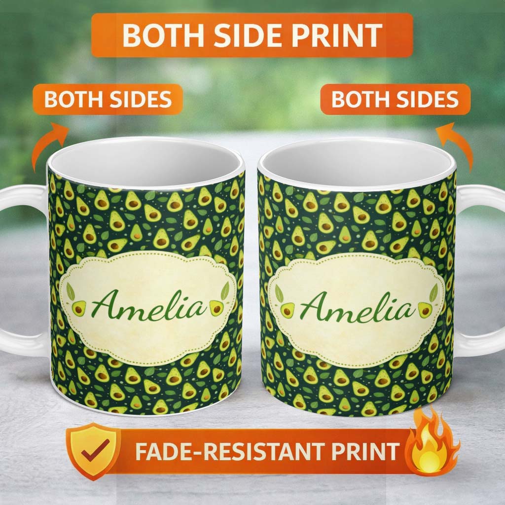 Personalized Custom Name Avocado Leaves Botanical Green Pattern Thoughtful Gift Idea Lovely 11oz Ceramic Coffee Tea Mug White Large Handle