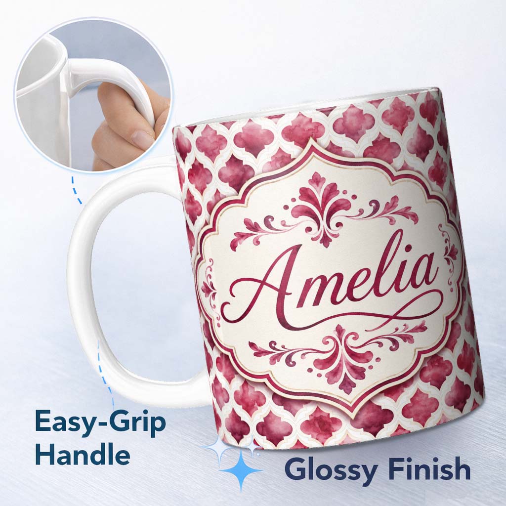 Personalized Custom Name Soft Watercolor Pink Quatrefoil Lattice Seamless Pattern Lovely 11oz Ceramic Coffee Tea Mug White Large Handle