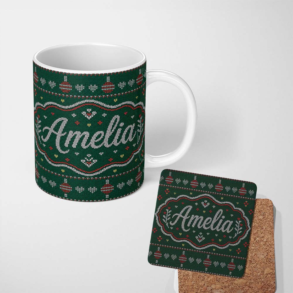 Personalized Custom Name Nordic Ornament Christmas Tree Knit Green Red White Festive Seamless 11oz Ceramic Coffee Tea Mug White Large Handle
