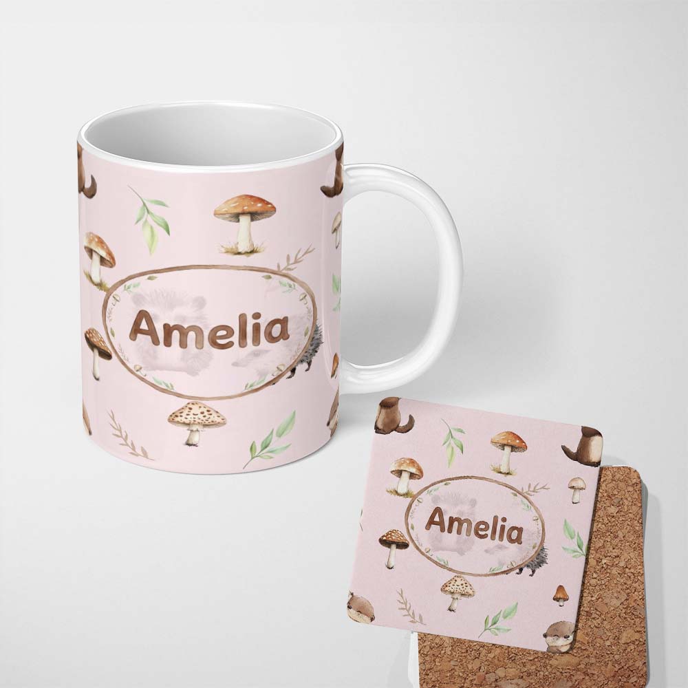Personalized Custom Name Woodland Hedgehogs with Mushrooms Leaves Soft Pink Seamless Pattern 11oz Ceramic Coffee Tea Mug White Large Handle