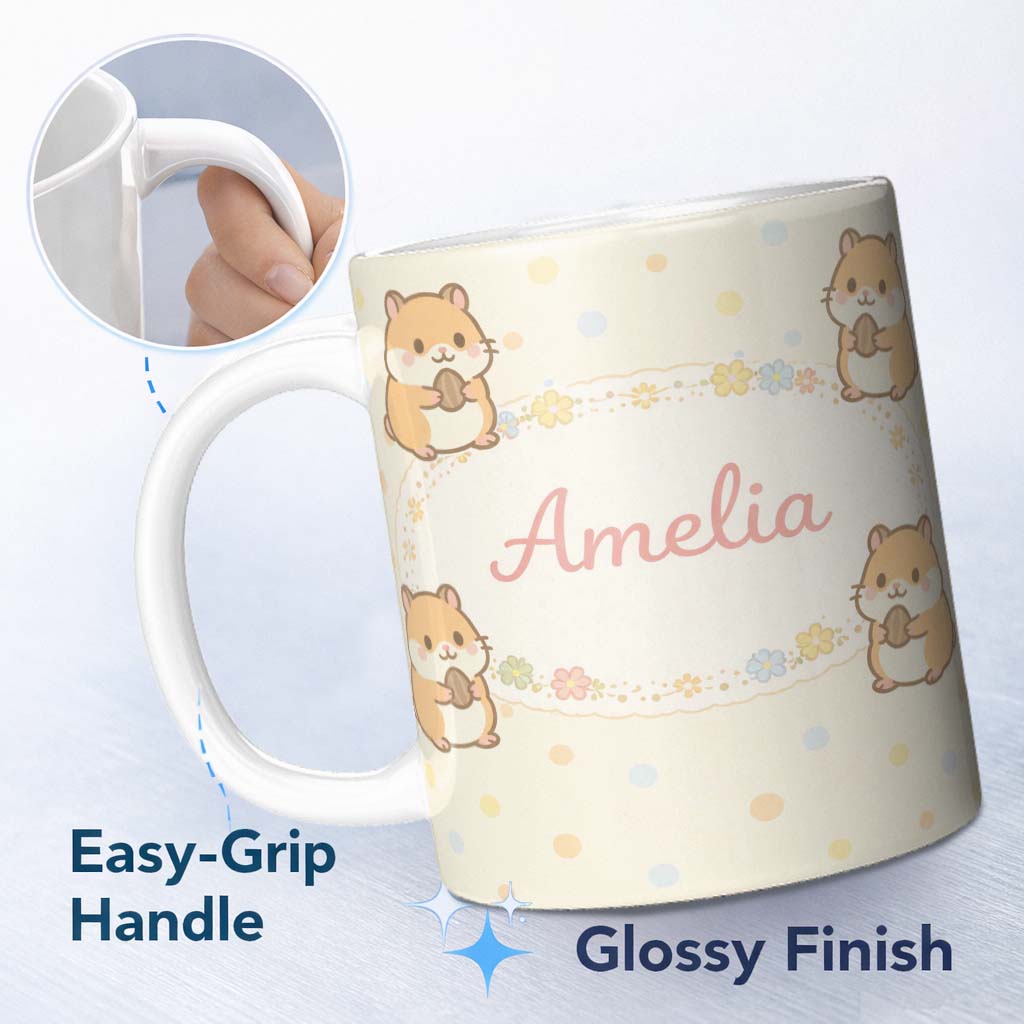 Personalized Custom Name Cute Hamster Cartoon Animal Pattern Perfect Gift for Her Lovely 11oz Ceramic Coffee Tea Mug White Large Handle