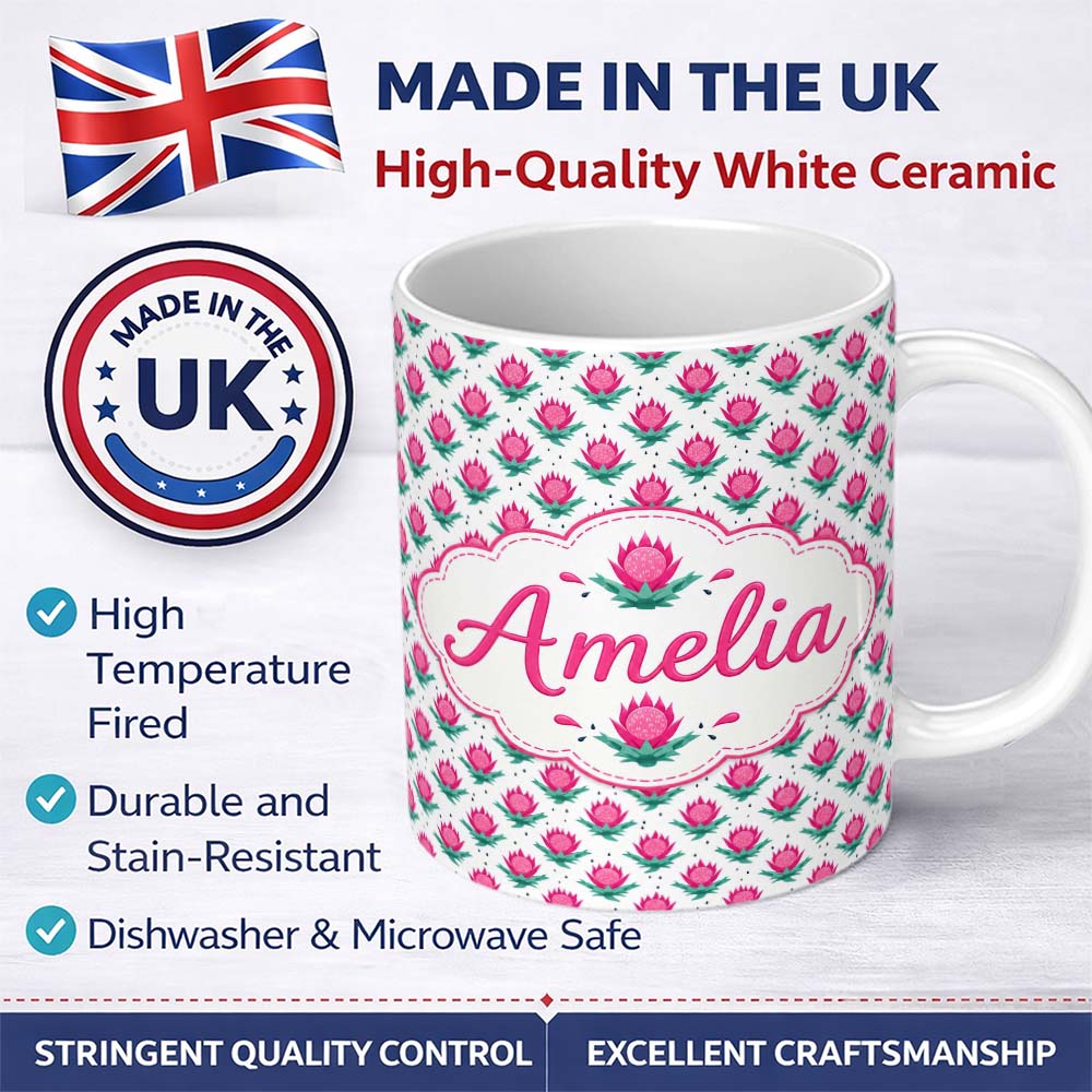 Personalized Custom Name Stylised Pink Floral Bud Pattern with Green Leaves on Light Lovely 11oz Ceramic Coffee Tea Mug White Large Handle