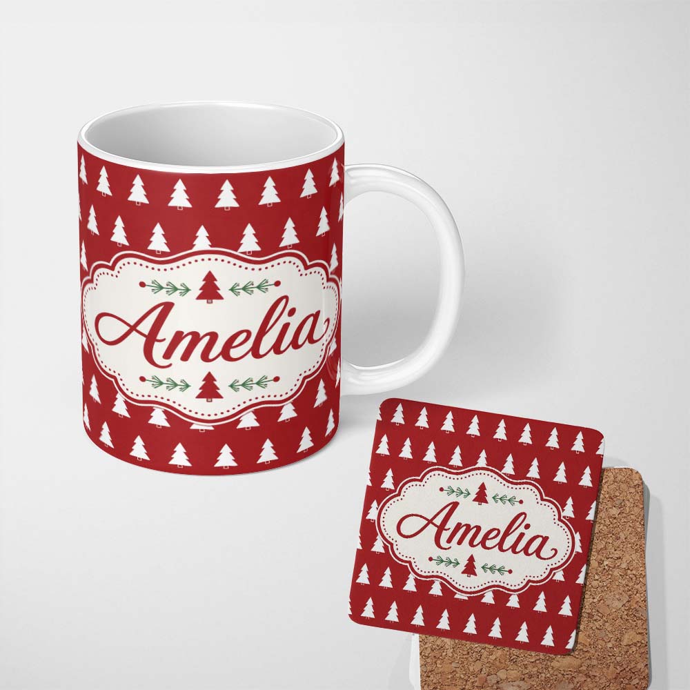 Personalized Custom Name Simple White Christmas Trees Red Background Seamless Pattern Lovely 11oz Ceramic Coffee Tea Mug White Large Handle