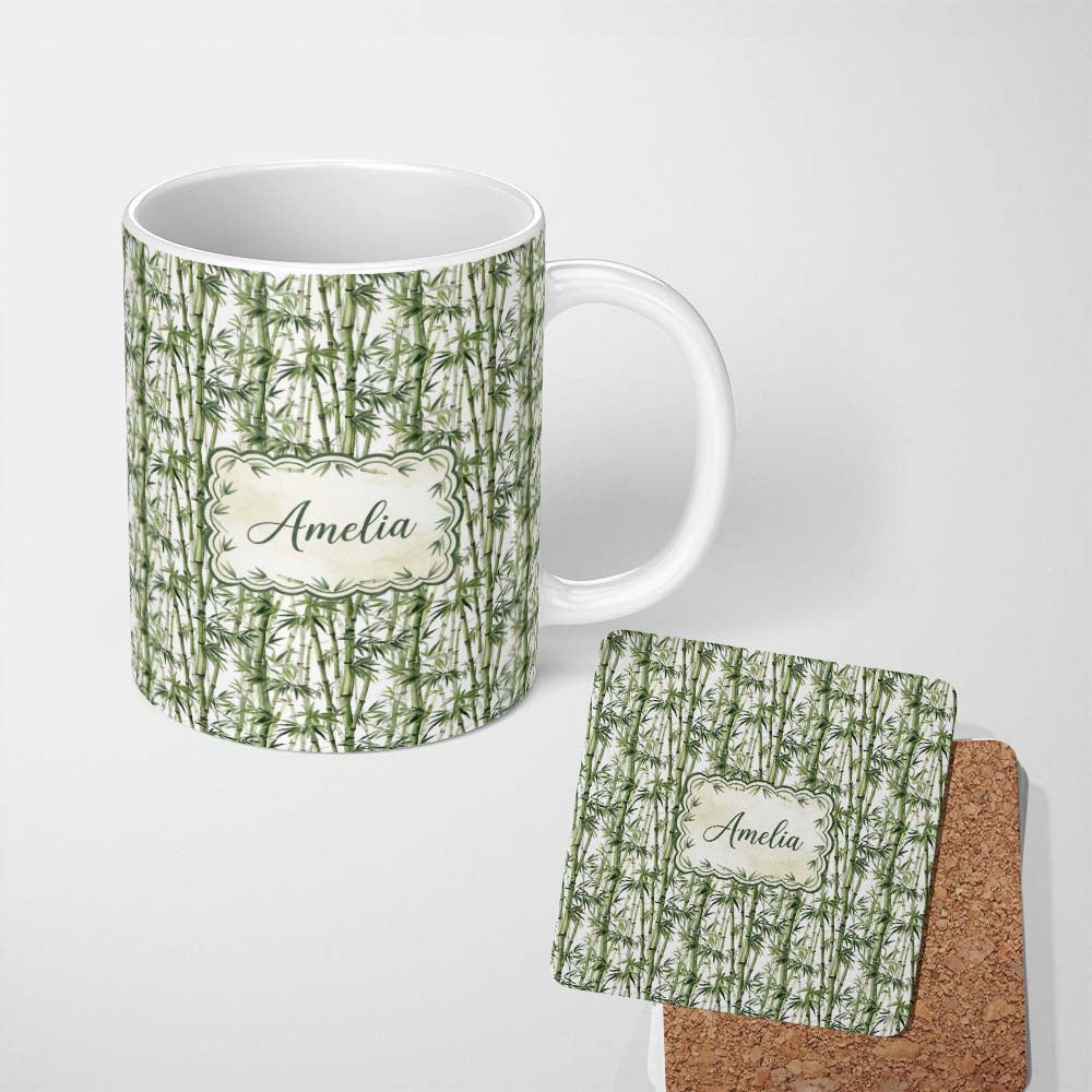 Personalized Custom Name Realistic Green Bamboo Stems Dense Jungle Seamless Pattern Lovely 11oz Ceramic Coffee Tea Mug White Large Handle