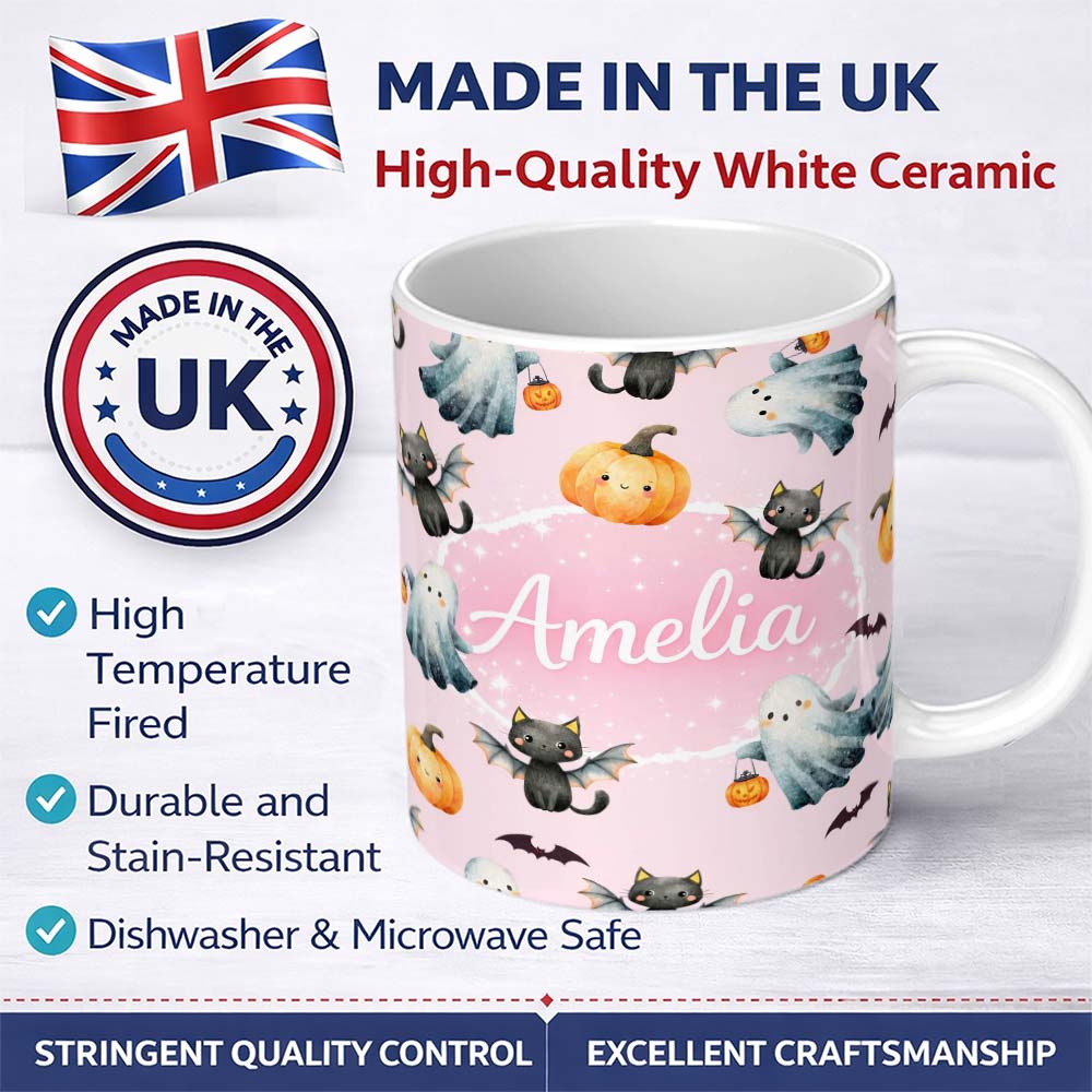 Personalized Custom Name Halloween Ghost Pumpkin Cat Seamless Pattern Pink Cute Spooky Design 11oz Ceramic Coffee Tea Mug White Large Handle