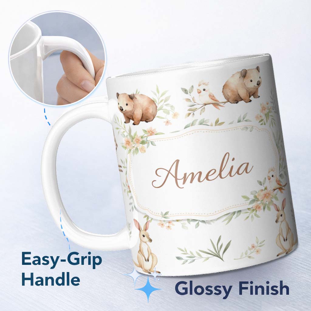 Personalized Custom Name Cute Safari Animals Lion Giraffe Zebra Elephant Pattern Black Lovely 11oz Ceramic Coffee Tea Mug White Large Handle