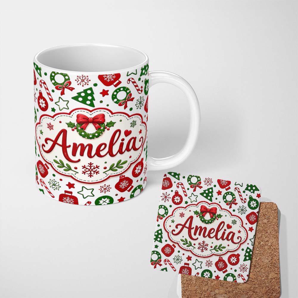 Personalized Custom Name Cute Christmas Ornaments Candy Cane Tree Wreath Seamless Pattern 11oz Ceramic Coffee Tea Mug White Large Handle