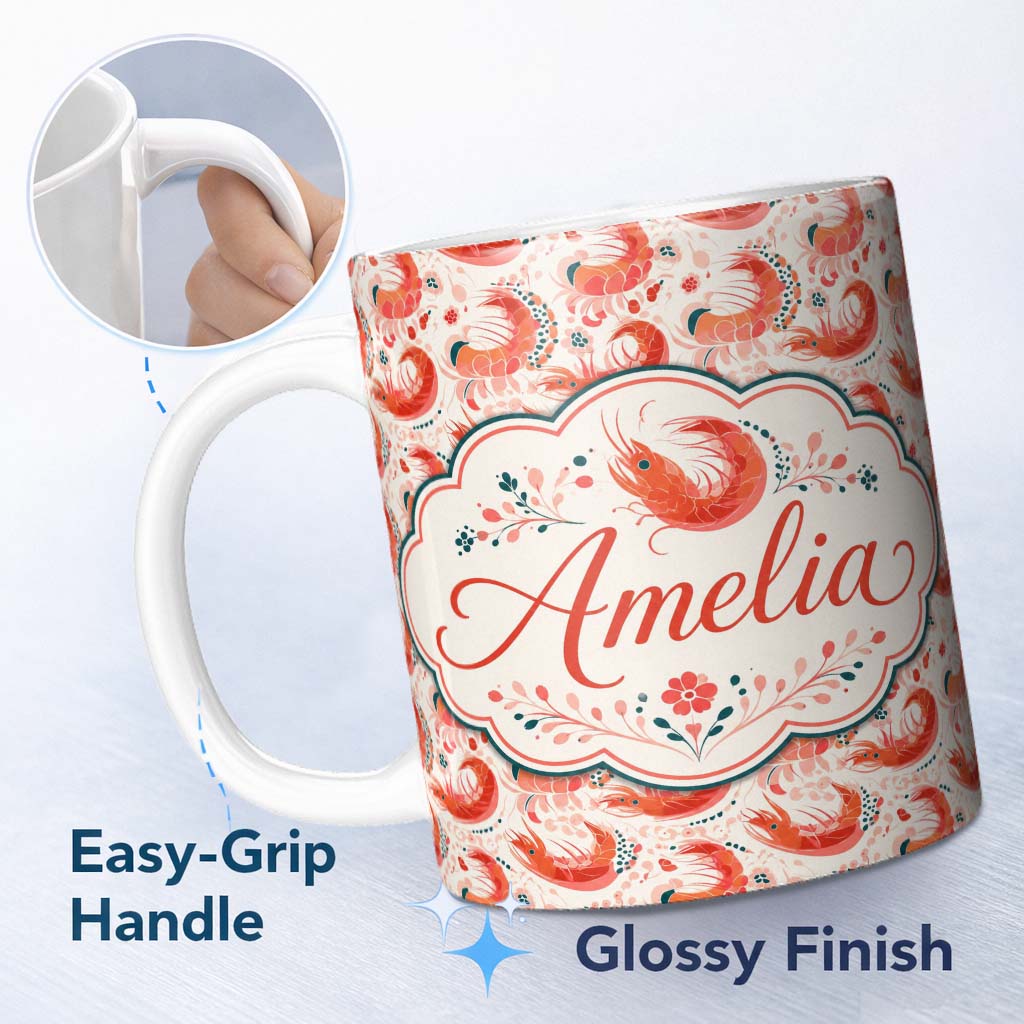 Personalized Custom Name Stylised Coral Shrimp with Floral Elements Seamless Pattern Lovely 11oz Ceramic Coffee Tea Mug White Large Handle