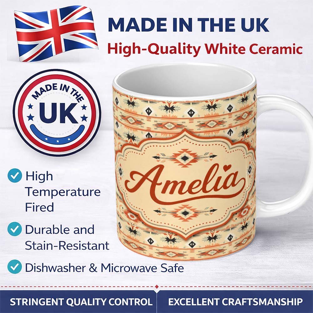Personalized Custom Name Southwestern Tribal Stripe Pattern in Terracotta Black and Sand 11oz Ceramic Coffee Tea Mug White Large Handle