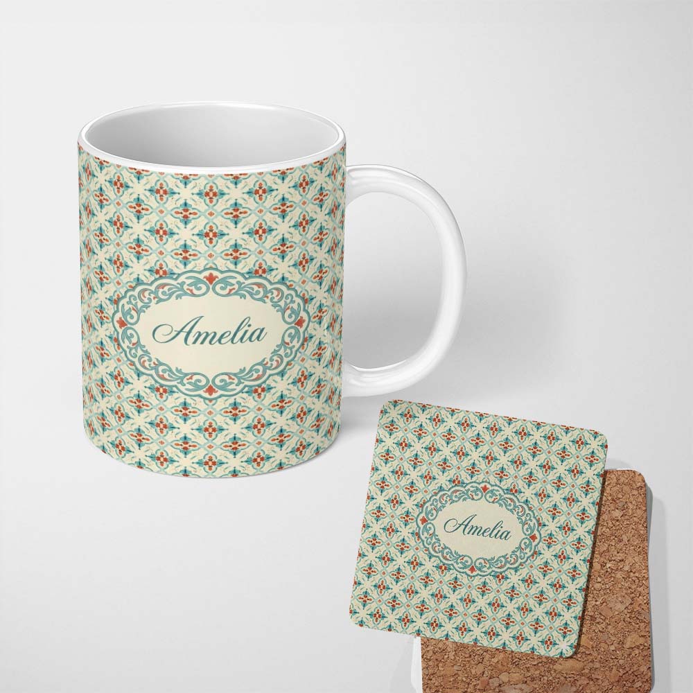 Personalized Custom Name Classic Floral Tile Pattern Cream Teal and Red Seamless Pattern 11oz Ceramic Coffee Tea Mug White Large Handle