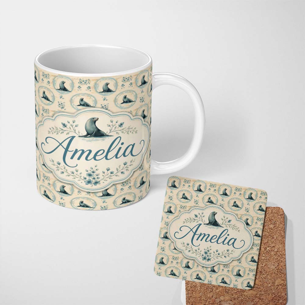 Personalized Custom Name Elegant Seal Cameo Frames with Floral Vintage Beige Seamless Pattern 11oz Ceramic Coffee Tea Mug White Large Handle
