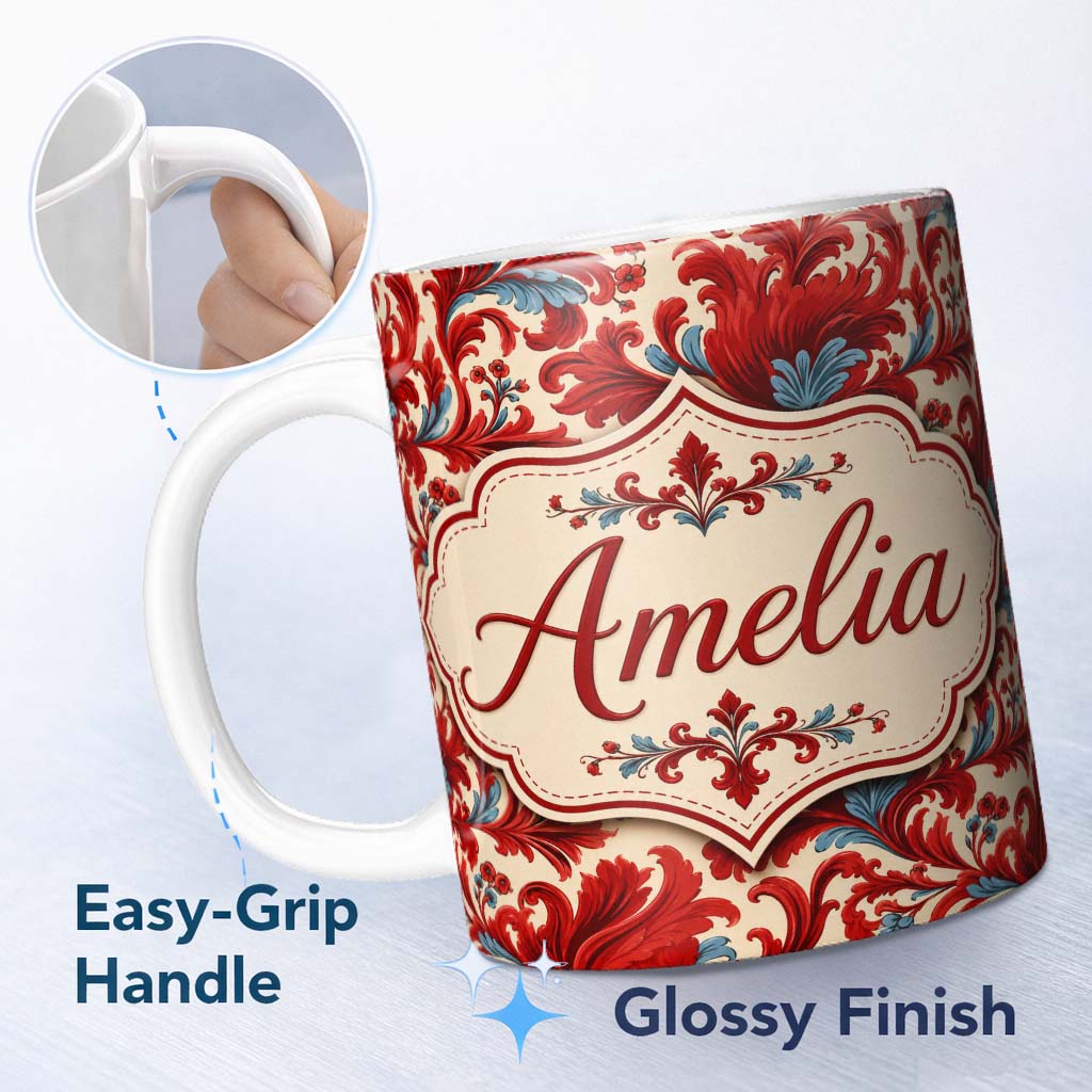 Personalized Custom Name Classic Red Blue Damask Ornamental Scroll Seamless Pattern Lovely 11oz Ceramic Coffee Tea Mug White Large Handle