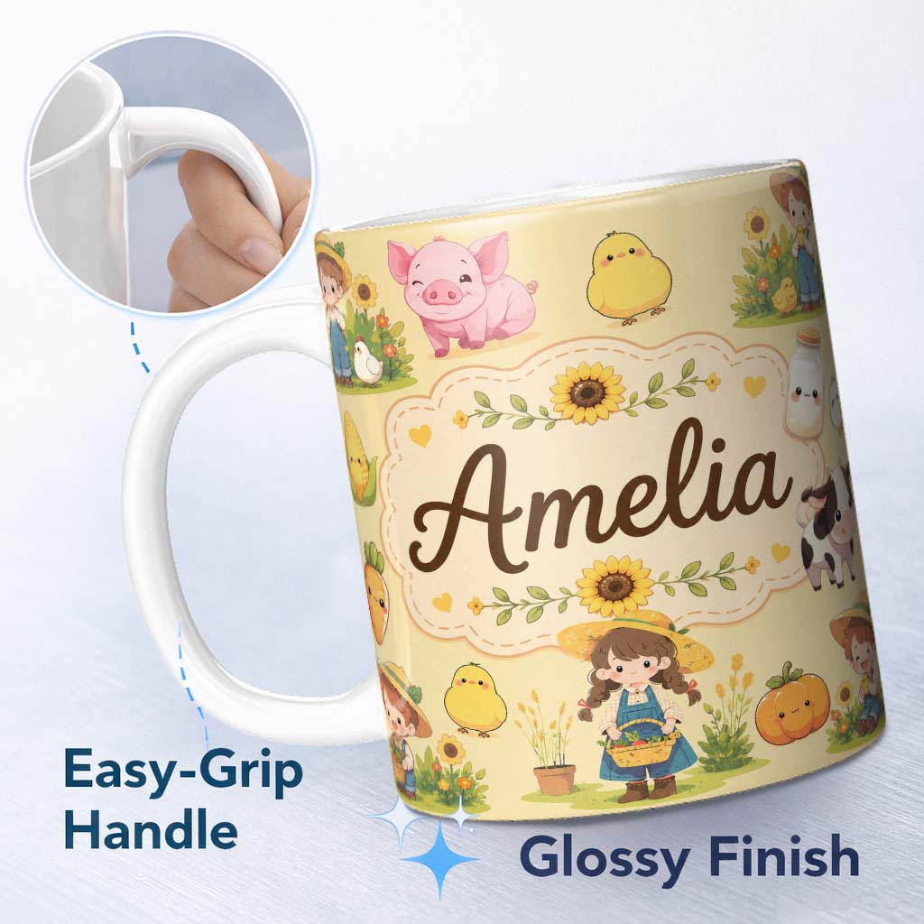 Personalized Custom Name Cute Farm Girl Animals Harvest Seamless Pattern Yellow Background 11oz Ceramic Coffee Tea Mug White Large Handle