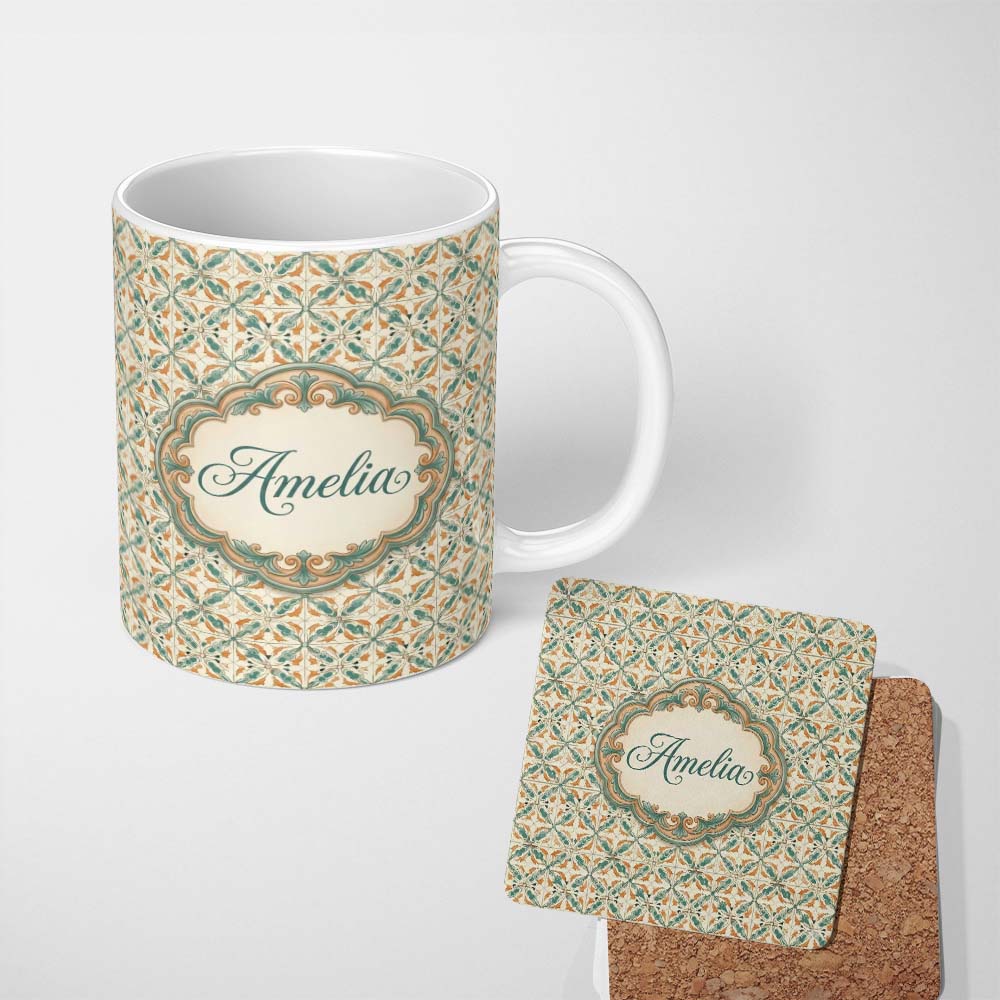 Personalized Custom Name Orange Teal Geometric Floral Tile Seamless Pattern Cute Unique Gift 11oz Ceramic Coffee Tea Mug White Large Handle