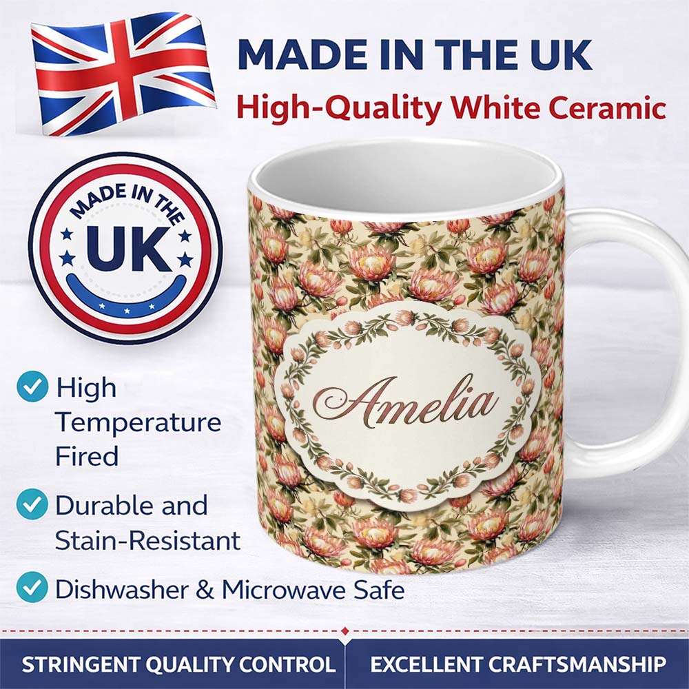 Personalized Custom Name Vintage Protea Floral Botanical Seamless Pattern Cute Unique Gift 11oz Ceramic Coffee Tea Mug White Large Handle