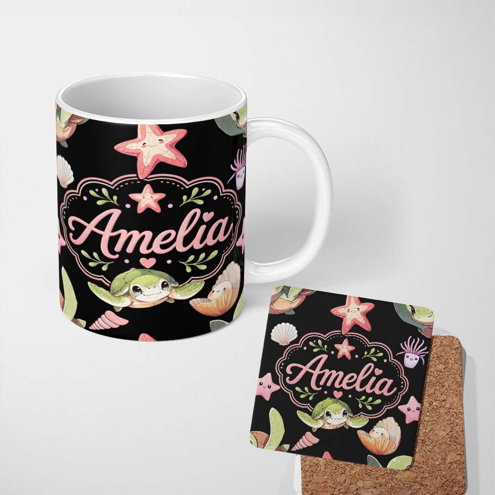 Personalized Custom Name Cute Cartoon Sea Turtle Starfish Shells on White Background Seamless 11oz Ceramic Coffee Tea Mug White Large Handle
