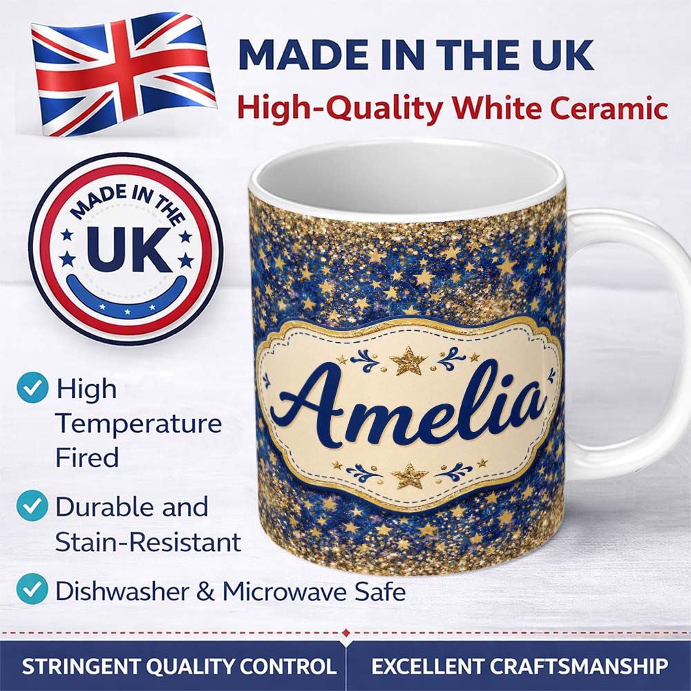 Personalized Custom Name Blue Galaxy Gold Stars Glitter Christmas Seamless Pattern Lovely 11oz Ceramic Coffee Tea Mug White Large Handle