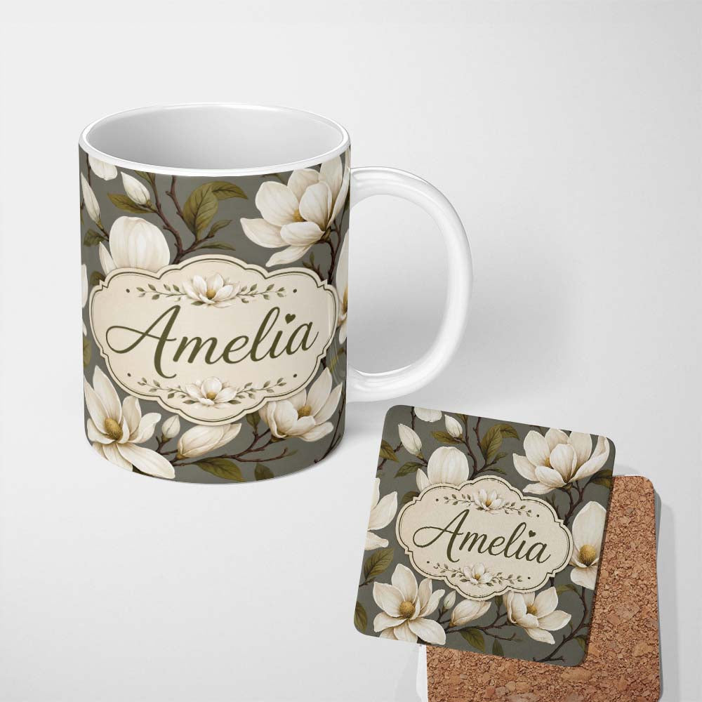 Personalized Custom Name Classic Magnolia Blossoms Botanical Illustration Seamless Pattern 11oz Ceramic Coffee Tea Mug White Large Handle