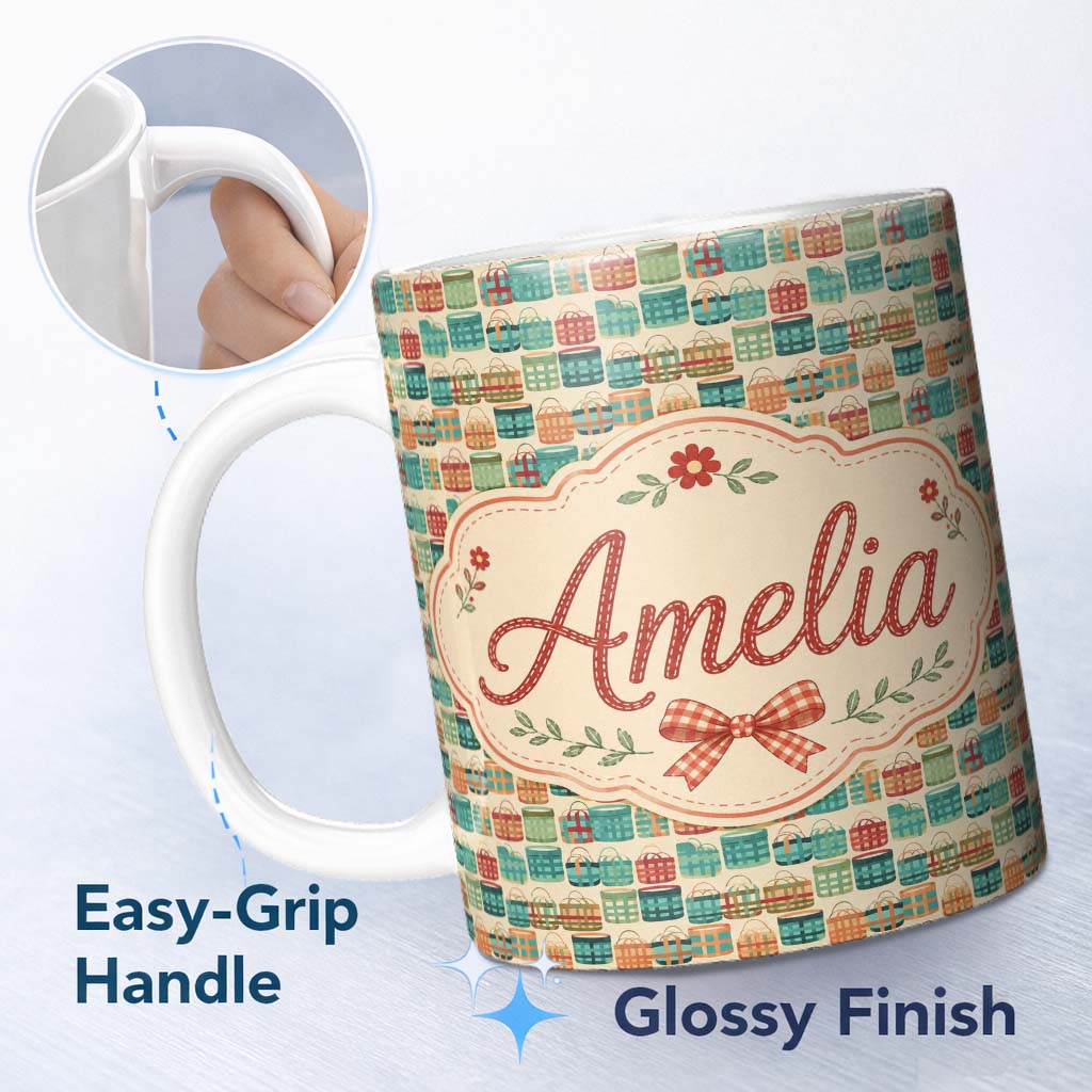 Personalized Custom Name Colorful Modern Picnic Baskets Geometric Style Seamless Pattern 11oz Ceramic Coffee Tea Mug White Large Handle