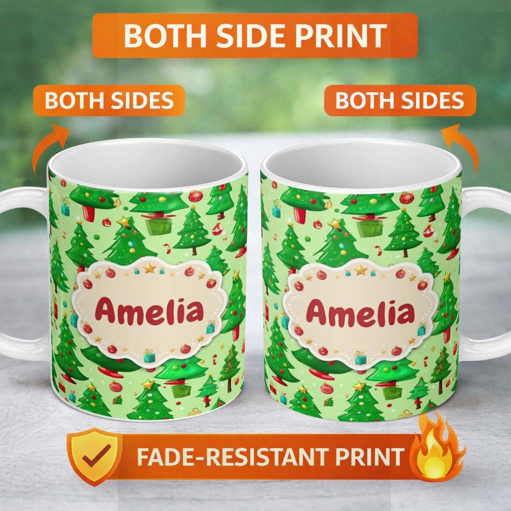 Personalized Custom Name Bright Green Christmas Trees with Gifts Candy Canes and Ornaments 11oz Ceramic Coffee Tea Mug White Large Handle