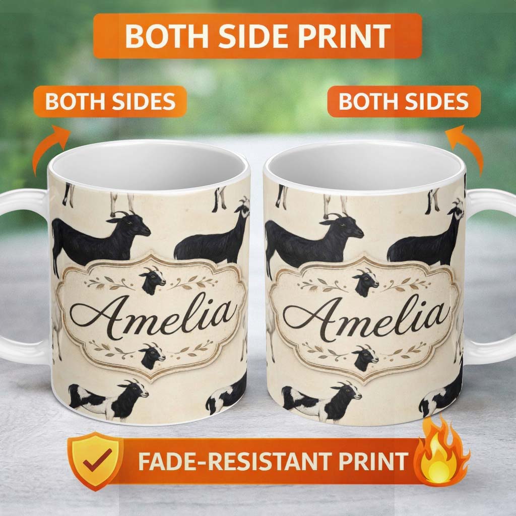 Personalized Custom Name Minimal Goat Farm Animal Illustration Soft Neutral Seamless Pattern 11oz Ceramic Coffee Tea Mug White Large Handle