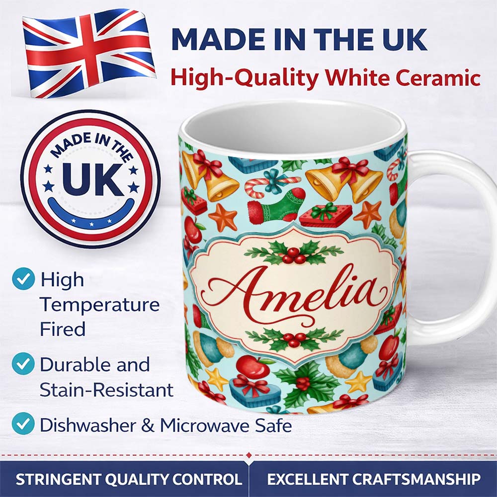 Personalized Custom Name Bright Christmas Gift Bell Apple Festive Seamless Pattern Lovely 11oz Ceramic Coffee Tea Mug White Large Handle
