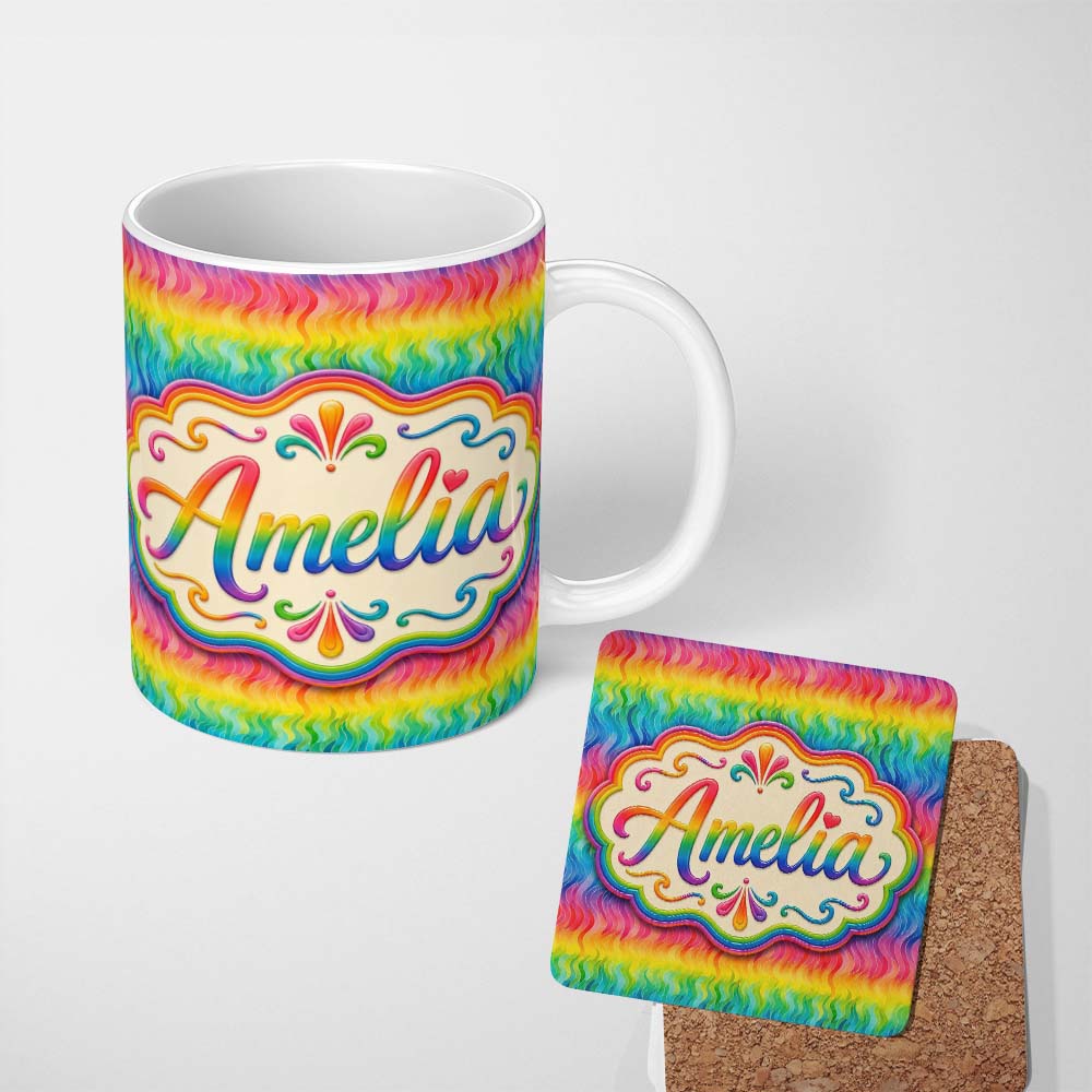Personalized Custom Name Layered Rainbow Feather Brush Texture Seamless Pattern Lovely 11oz Ceramic Coffee Tea Mug White Large Handle