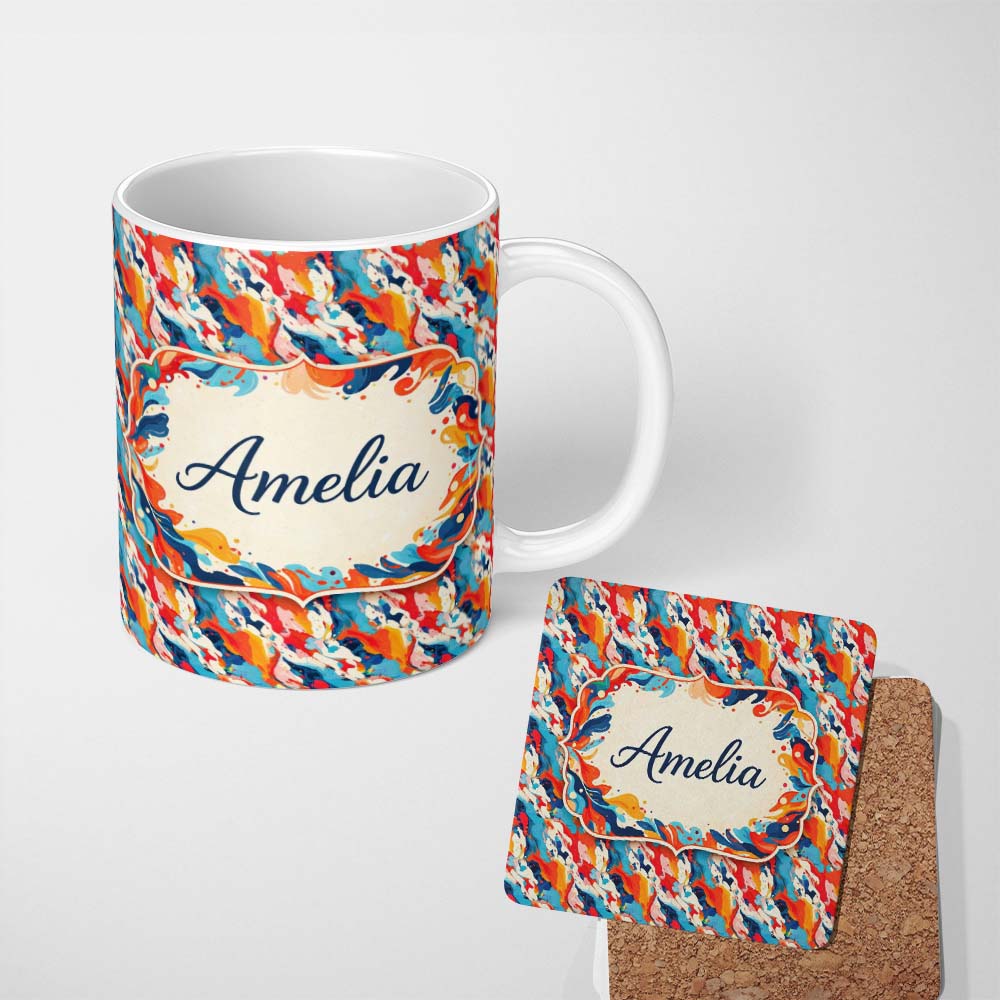 Personalized Custom Name Bold Brush Stroke Abstract Red Blue White Pattern Cute Unique Gift 11oz Ceramic Coffee Tea Mug White Large Handle