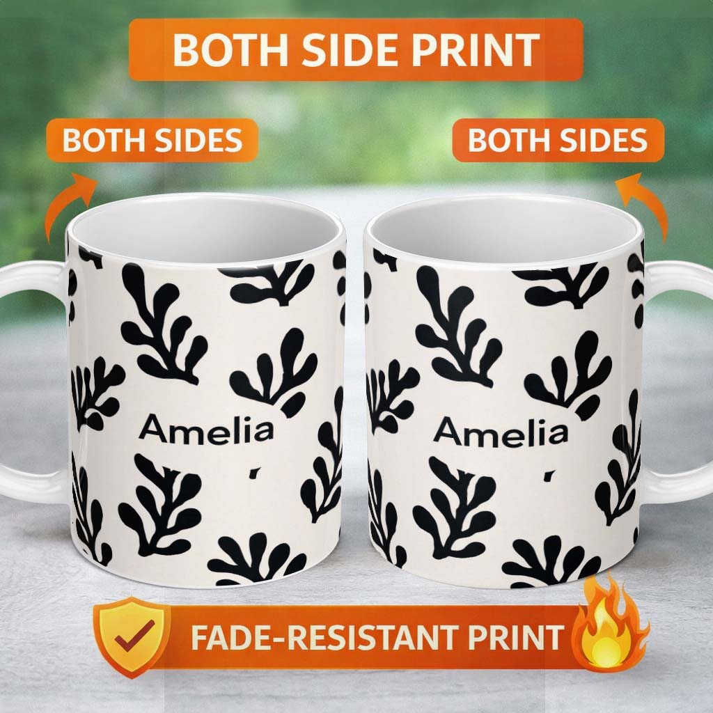 Personalized Custom Name Topographic Contour Lines Black Cream Abstract Landscape Pattern 11oz Ceramic Coffee Tea Mug White Large Handle